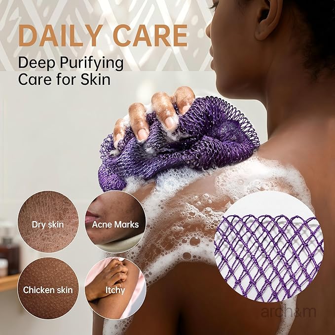Authentic African Net Sponge Knots - Real African Bath Loofah Shower Sponges Afro Scrubber Body Exfoliating Washcloth Africa Bath Sponges for Back Scrub Shower Accessories Black + Champagne by ARCH&M