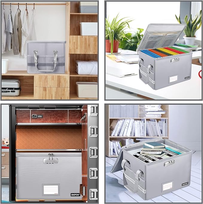 ENGPOW File Box with Lock, Fireproof Document Box with Zipper & Pockets, Collapsible File Organizer Filing Storage Cabinet with Handle, Portable Home Office Safe for Hanging Letter/Legal Folder, Silver