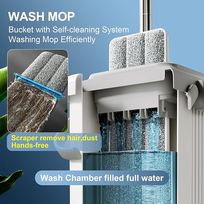 JOYMOOP Mop and Bucket Set for Floor and Wall Cleaning, Flat Mop System with 60" Mop + 3 Pads, Household and Commercial Use