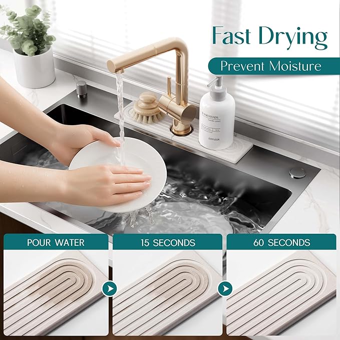 Kitchen Sink Faucet Mat - 15.7in Diatomite Sink Protectors for Kitchen Sink, Stone Sink Splash Guard for Kitchen Counter Sink Accessories (Light Grey, 15.7'' x 3.9'')