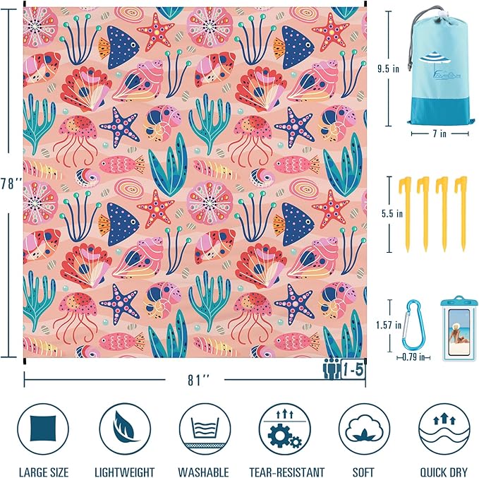 Famstar Beach Blanket Sandproof Waterproof 78''×81''1-5Adults Oversized,Compact Lightweight Durable Beach Mat for Travel Camping Hiking Picnic Blanket