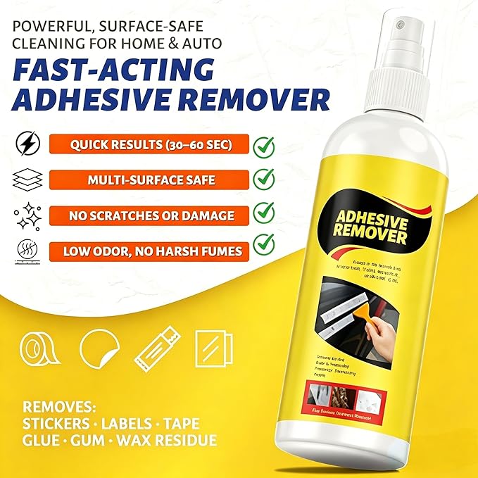 Adhesive Remover, Sticker Remover Spray with Plastic Scraper and Cleaning Cloth, Removes sticker residue, tape marks, and glue buildup, for Glass, Metal, Plastic, Wood and Hard Surfaces