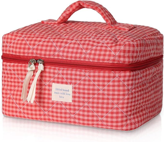 Gosect Large Makeup Bag, Cute Cosmetic Bag for Women Girls, Floral Coquette Aesthetic Toiletry Bag, Travel Make Up Organizer Bag(Red Checkered)