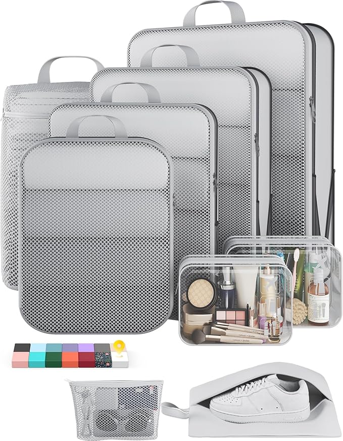 Veken 9/11 Set Compression Packing Cubes for Travel Essentials, Compressible Expandable Large Luggage Suitcase Organizer Bags for Clothing, Durable Space Saver Storage Bags with Toiletry Bags (White)