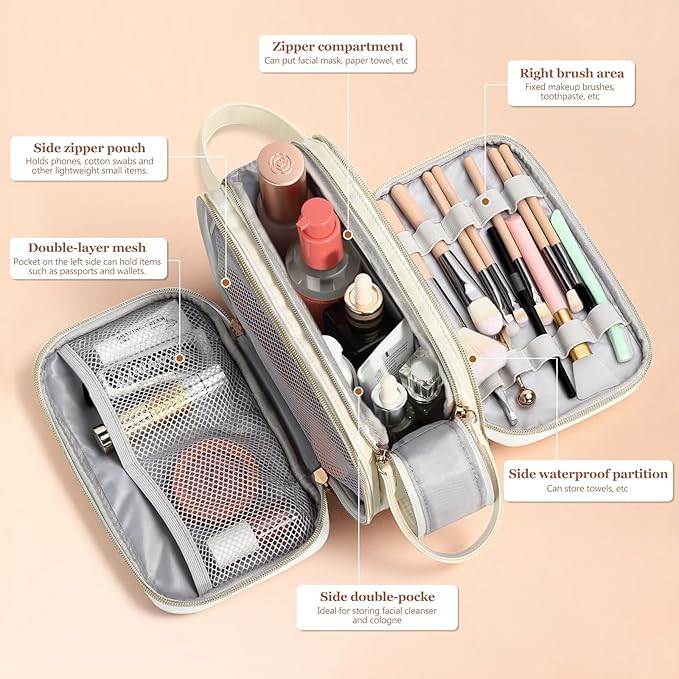 Travel Toiletry Bag for Women,Toiletry Bags for Traveling Womens Leather,Compartments Make up Bags for Women,Cosmetic pouch Organizer,White- R