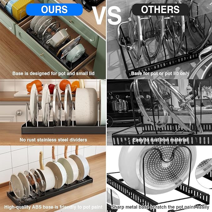Pots and Pans Organizer Under Cabinet, 22" Expandable Food Storage Container Lid Organizers with 9 Adjustable Dividers Pot and Pan Lid Holders Rack Inside Cabinet/Countertop (1 Pack, Black)