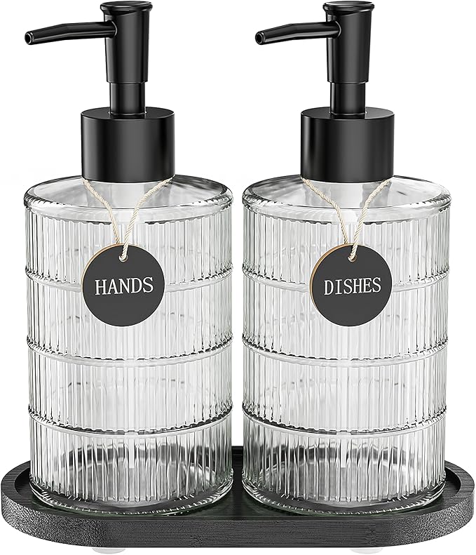 MASADI Soap Dispenser Set with Bamboo Tray, Dish and Hand Soap Lotion Dispenser Set with Wooden Pump for Kitchen and Bathroom Decor for Counter, Modern Vintage Liquid Soap Dispensers (Clear&Black)