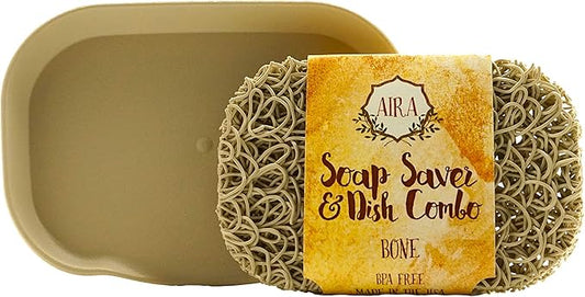 Aira Soap Saver - Soap Dish & Holder Accessory - USA Made, BPA Free - Drains Water, Circulates Air - Extends Soap Life - Fits All Dish Sets - Bone Dish Combo