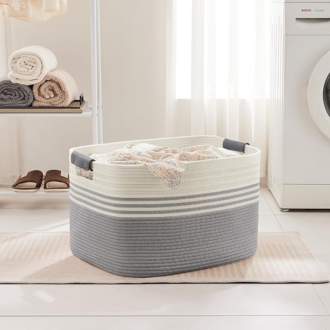 SunNewt 86L Extra Large Laundry Basket with Leather Handles for Living Room Storage, Woven Rope Baskets for Blanket, Kids Toy, Gifts, Wicker Hamper for Bedroom Dirty Clothes, 24"x16"x14" White Grey