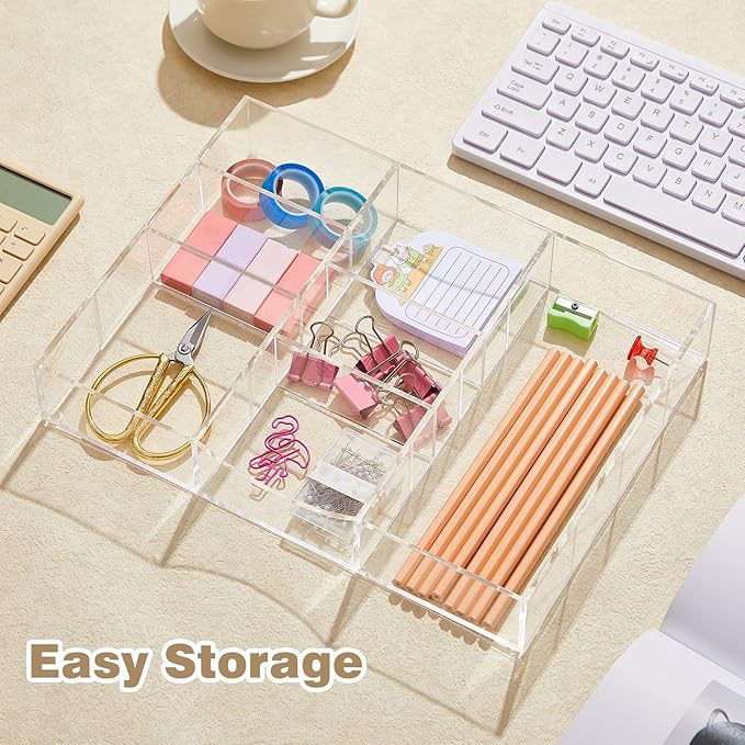 Briwooody Acrylic Drawer Organizer Clear Desk Drawer Organizer Trays with Adjustable Compartments Desk Accessories for Office Stationery Makeup Silverware Bathroom (Non-Expandable)