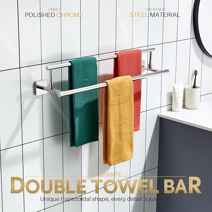 KOKOSIRI Towel Bars 20-Inch Bathroom Double Bath Towel Holder Toilet Kitchen Rack Wall Mounted Polished Chrome Stainless Steel B5009CH-L20