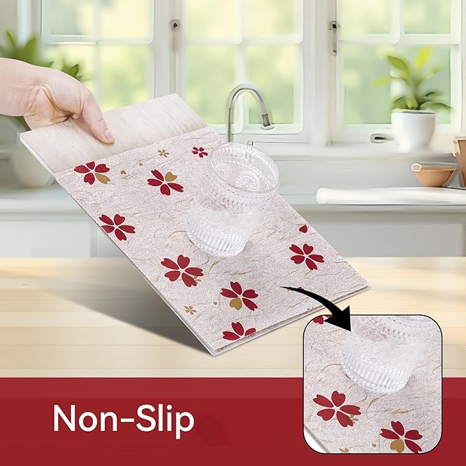 FIFTY FEET 18"x96" Non-Adhesive Shelf Liner for Kitchen Cabinets and Drawers, Washable Non-Slip PVC Cabinet Liner (Red Floral)(8 Roll)