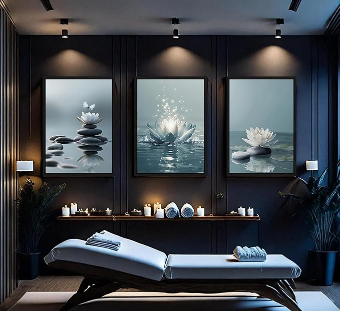 3Pcs Framed Zen Stones Lotus Spa Canvas Wall Art White Lotus Blooming on Stones Painting Picture Wall Decor Modern Spiritual Poster Print Artwork for Yoga Spa Meditation Spiritual Room Home Decoration