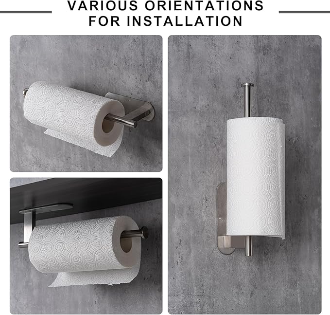 Honmein Paper Towel Holder, Upgrade SUS304 Stainless Steel Paper Towel Holder Under Cabinet, Bend-Resistant, Self-Adhesive or Drill mounting (Silver)