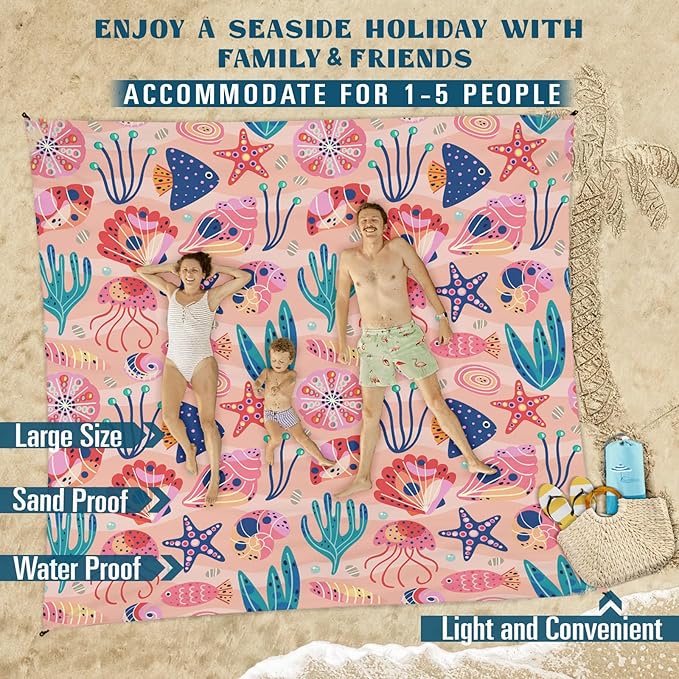 Famstar Beach Blanket Sandproof Waterproof 78''×81''1-5Adults Oversized,Compact Lightweight Durable Beach Mat for Travel Camping Hiking Picnic Blanket