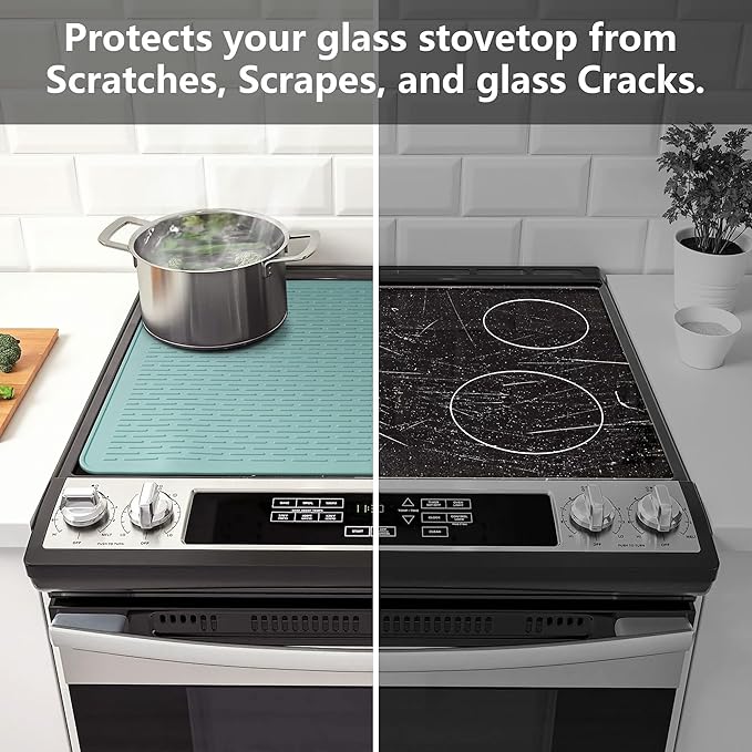 YUHFERA Stove Top Cover for Electric Stove - Silicone Stove Mat for Glass Top, Glass Cooktop Protector, XL Dish Drying Mats for Kitchen,Oven Covers for Electric Stove (Aqua,28 x 20)