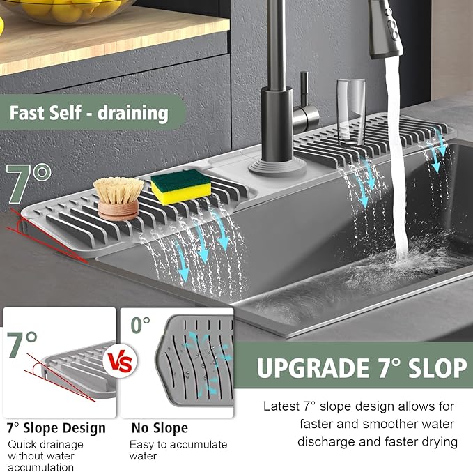 Hugro Tarfive 24-Inch Kitchen Sink Splash Guard Mat | 7° Slope for Fast Self-Draining | Snap-Lock Design | Universal & Cuttable Silicone Faucet Mat Gray