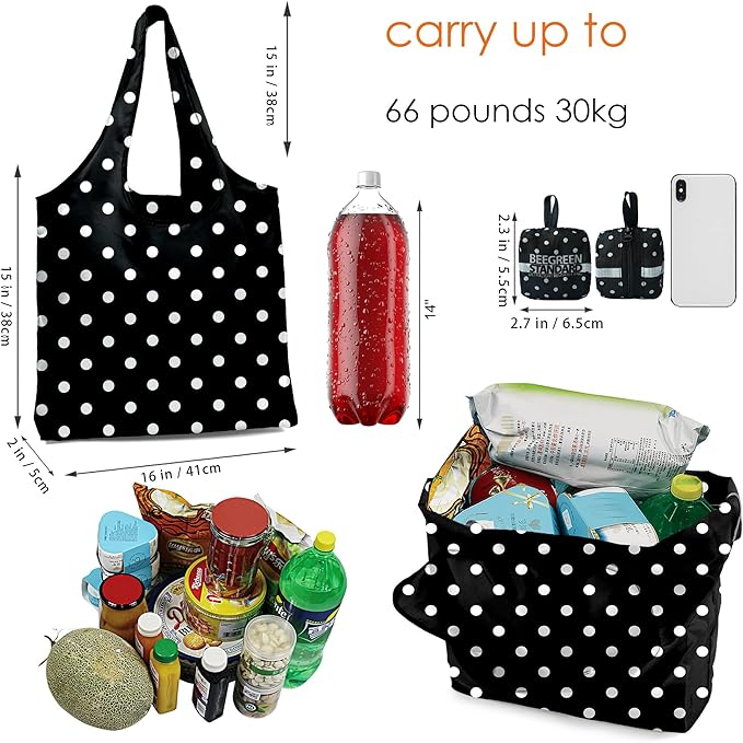 BeeGreen Polka Dot Reusable-Grocery-Gifts-Bags-Foldable-Machine-Washable Black Shopping-Bags Extra Large Reusable Bags Totes 66 Lbs Ultra-Lightweight Polyester Fabric