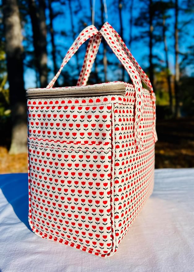 Kwang Min Floral Insulated Lunch Bag for Women,Reusable Lunch Box,Large Cooler for Office,Picnic Outdoors,Premium Quality Waterproof Fabric,Ideal Gift for Outdoors and work (Red Tulips)