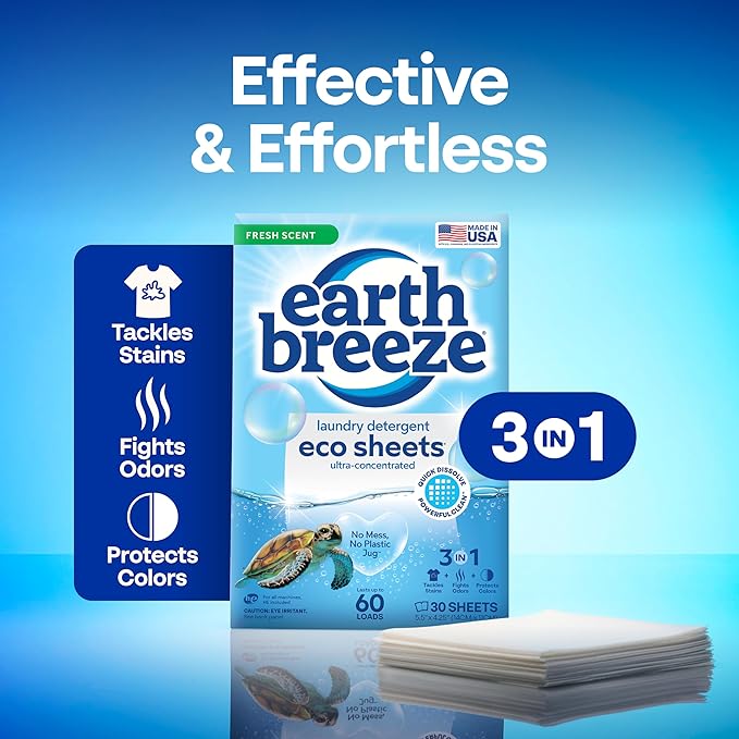 Earth Breeze Laundry Detergent Sheets Fresh Scent - 60 Loads per package. Eco Liquidless Soap - Travel-Friendly for Hot & Cold Cycles, Tackles Tough Stains & Odors - Gentle on Skin, 30 sheets (3 Pack)