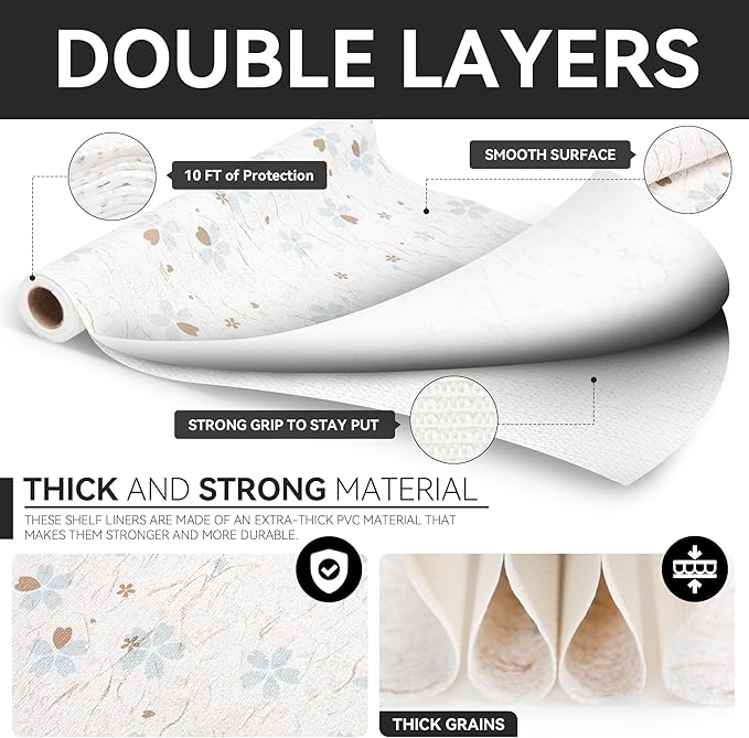 RAY STAR Shelf Liner, Non Adhesive White Floral Cabinet Liner for Pantry Drawer, Strong Grip Non Slip Waterproof, Shelf Liners for Kitchen Cabinets Organization 12 Inch x 10 FT (2 Rolls)