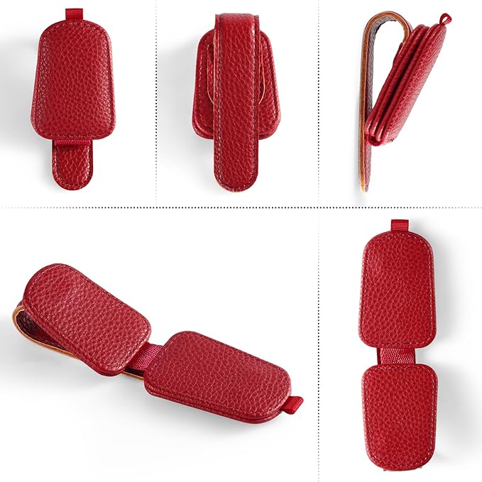 SINGARO Sunglasses Holder for Car, Leather Magnetic Buckle Sun Visor Sunglass Clip, Ticket Card Storage Glasses Clip, Car Interior Accessories for Men and Women (Red)