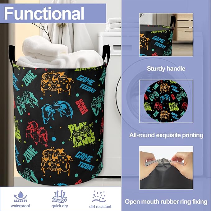 Laundry Basket, Color Game Console Large Canvas Fabric Lightweight Storage Hamper Organizer Dirty Clothes Collapsible Waterproof for College Dorms, Bathroom