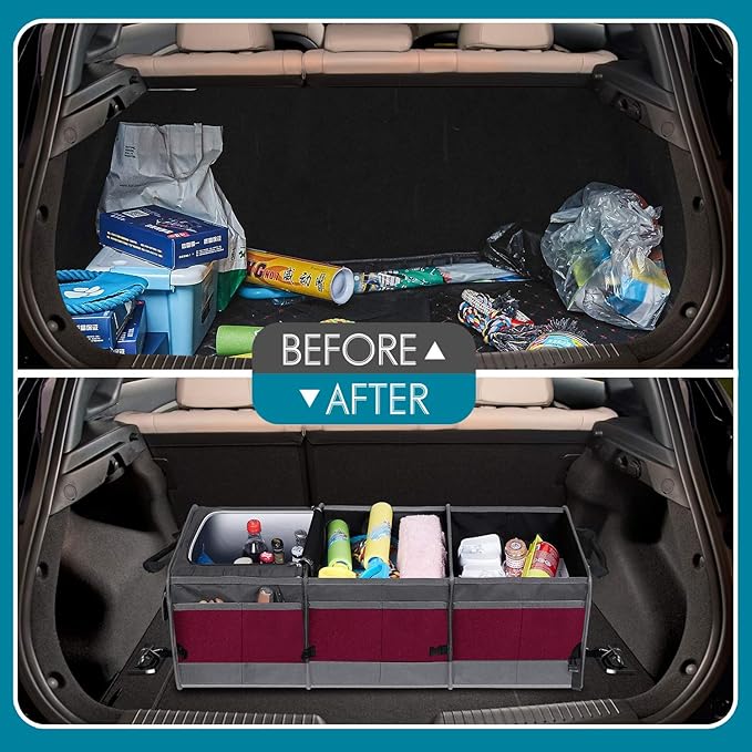 Trunk Organizer with Cooler, Collapsible Trunk Storage Container with Non-Slip Bottom Strips, Large Multi-Compartment Waterproof Car Trunk Organizer for Groceries, for Vehicle Sedan, SUV, Van (Wine Red)