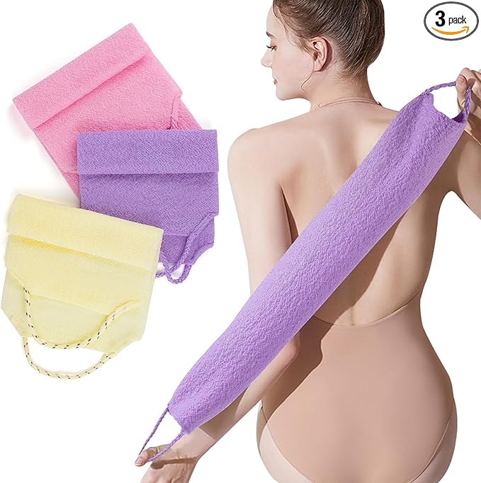 3 Pcs Double-Sided Back Exfoliator Body Scrub Towel, Exfoliating Back Scrubber with Handles,Exfoliating Washcloth Bath Tool in Shower, Stretchable Back Washer to Deep Cleans Skin (Beige,Pink,Purple)
