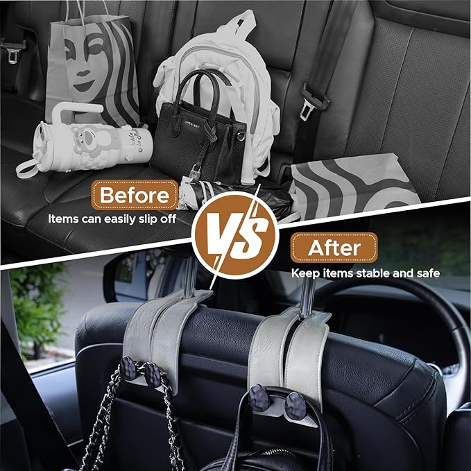 URIZZD 4 PCS Leather Car Seat Hooks for Headrest, Vehicle Hanger Storage Organizer Universal for Handbag Purse, Car Accessories Gift (White-Black-4 PCS)