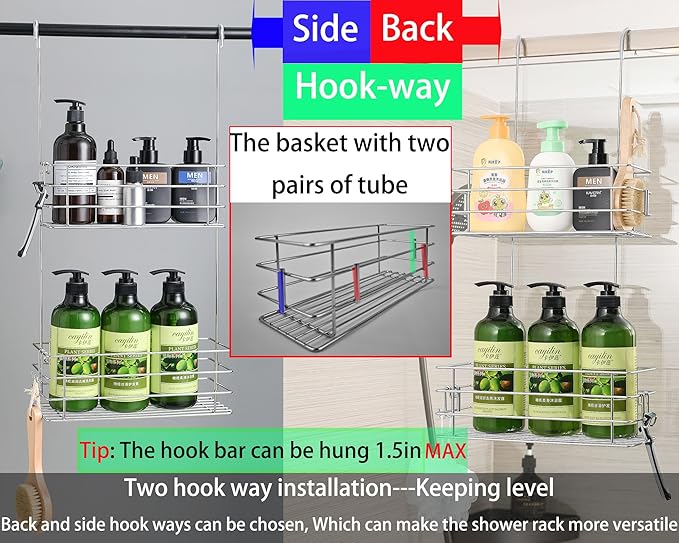 Hanging Shower Rack Shower Caddy with Rotatable Hook Bar, Over-the-Door and Can Be Hung on the Faucet or Claw Foot, 304 Stainless Steel Rust-Proof and Durable (Double-Layer)