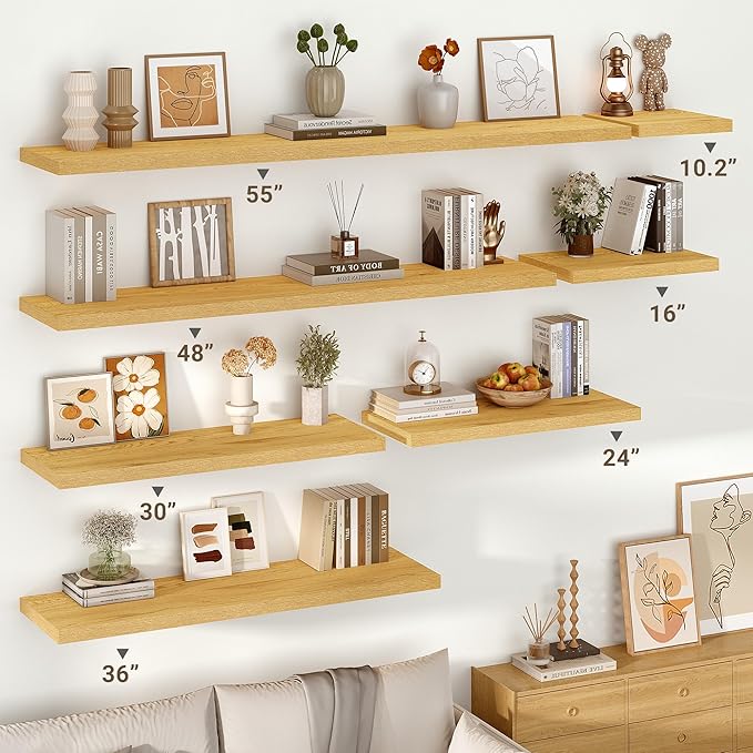 Vivelove 10" Deep Floating Shelves Over Toilet, 24" Wall Shelves for Bathroom Bedroom Kitchen Living Room Laundry Room, Modern Rustic Shelves for Home Decor, 24"x10.2"x1.5", Set of 2, Oak