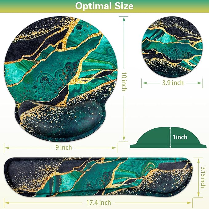 Mouse Pad Green with Wrist Rest Set, 3-in-1 Wrist Support Mousepad Set, Gaming Mat Pad with Anti-Skid Base, Ergonomic Mouse Pad, Memory Foam Gel Wrist Rest for Computer Keyboard