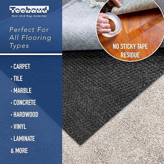 Teebaud 5' x 7' Non-Slip Rug Pad, Reversible Gripper, Non Skid Pads for Hardwood, Vinyl, Tile, Laminate Floors, Keep Area Rugs Secure, Natural Materials Safe for Indoor Flooring, ¼” Thick