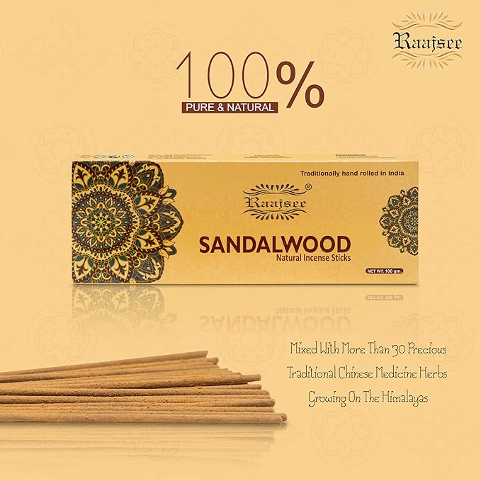 Raajsee Sandalwood Incense Sticks 100 Gm Pack-100% Pure Organic Natural Hand Rolled Free from Chemicals-for Church,Aroma Therapy,Relaxation,Meditation & Sensual Therapy