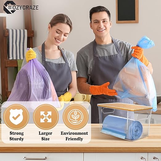 2 Pack Stackable Trash Bag Dispenser with Wooden Top for Large & Extra-Large Rolls – Garbage Bag Holder for 13-33 Gallon Bags – Trash Bag Dispenser Under Sink with Anti-Slip Base for Rolls Storage