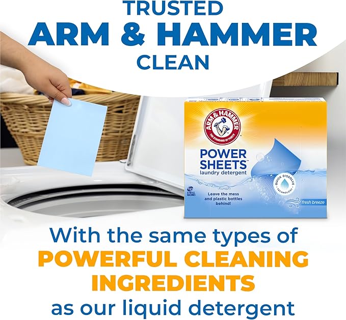 ARM & HAMMER Power Sheets Laundry Detergent, Fresh Breeze Scent, Dissolves in All Wash Temps, Lightweight and Travel-Ready, 60ct, Up to 120 Small Loads