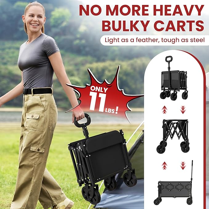 Collapsible Wagon with Wheels & Tailgate, 350LBS Wagons Carts Foldable Heavy Duty, Lightweight Portable Folding Utility Wagon Grocery Shopping Cart for Garden, Camping, Beach (Black)