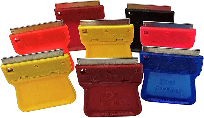 MINISCRAPER® Original Mini Scraper – 8 Pack | Safe Plastic Razor Blade Scraper for Stickers, Labels, Paint, Adhesive, Glass, Auto, Kitchen & Craft Use | USA‑Made, High‑Visibility Colors