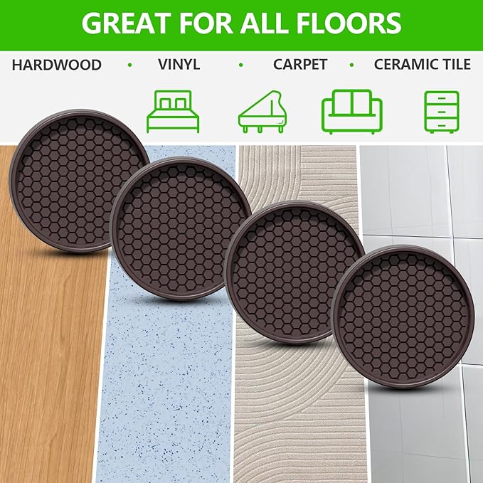Non Slip Furniture Pads- 3"x3" Round Anti Skid Caster Cups Furniture Coasters, Anti-Sliding Grippers Floor Protectors for Furniture Bed, Couch, Chair Leg, Brown(Set of 12)