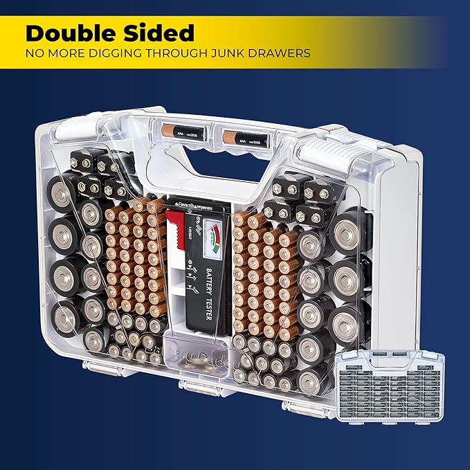 Battery Daddy Storage & Organizer Case with Tester, Stores & Protects Up to 180 Batteries, Double-Sided, Clear Locking Lid, Secure Latches & Portable Carrying Handle - White (Batteries Not Included)