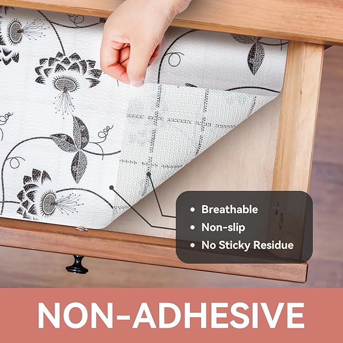 [Upgrade Version] RAY STAR Shelf Liner, Non Adhesive Black Leaves Floral Cabinet Liner for Pantry Drawer, Strong Grip Non Slip, Shelf Liners for Kitchen Cabinets Cupboard 12 Inch x 10 FT (4 Rolls)