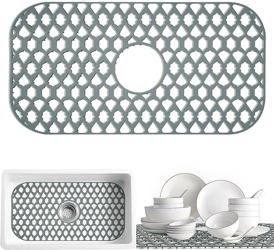 Sink Protectors for Kitchen Sink, Kitchen Sink Accessory - Silicone Mats Grid for Stainless Steel Strainer Bottom of Farmhouse Porcelain sinks (24”x13”, Center Drain)