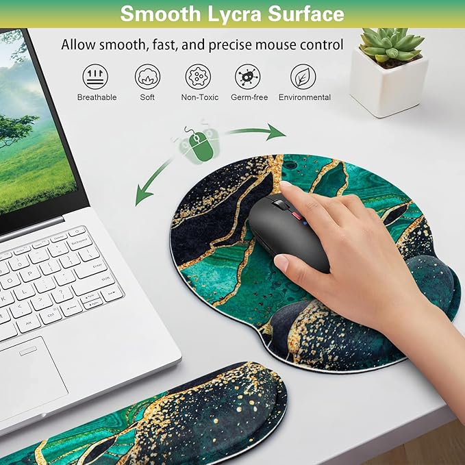 Mouse Pad Green with Wrist Rest Set, 3-in-1 Wrist Support Mousepad Set, Gaming Mat Pad with Anti-Skid Base, Ergonomic Mouse Pad, Memory Foam Gel Wrist Rest for Computer Keyboard