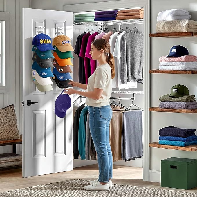 Hat Organizer for Baseball Caps Wall, 2 Pack Hat Holder for Closet Door Holds up to 16 Hats, Hat Hook with Adhesive and 8 Screws, Hat Hanger Cap Holder Hat Hangers for Wall Closet Door Bedroom (A-White)