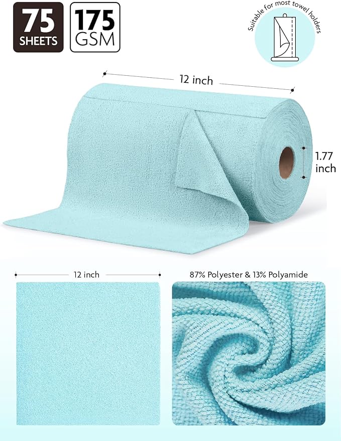 Fantasticlean Microfiber Cleaning Cloth Roll - 75 Pack, Tear-Away Microfiber Towels, 12" x 12", Reusable, Washable, Scratch-Free, Ultra-Absorbent Dishcloth for All-Around Cleaning Supplies (Blue)