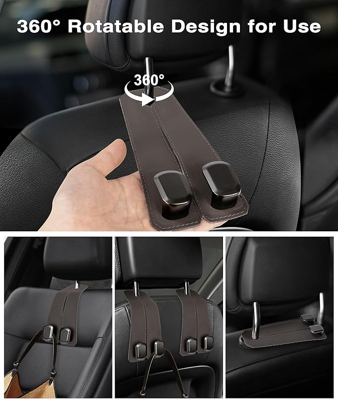 VETERBONE Car Hooks for Purses, 4PCS Car Purse Holder Hook Luxurious Leather 100% Metal Car Hooks for Headrest Multifunctional Car Hangers for Seat Car Seat Back Storage Hook Accessories (Brown)
