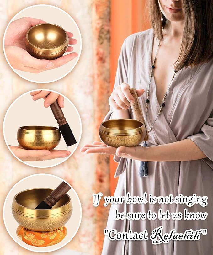 Tibetan Singing Bowls Set-Hand-hammered in Nepal Sound Bowl for Meditation, Yoga, Chakra, Meditation Accessories, Unique Gifts for Women, Men (Black, 3.15 inch)