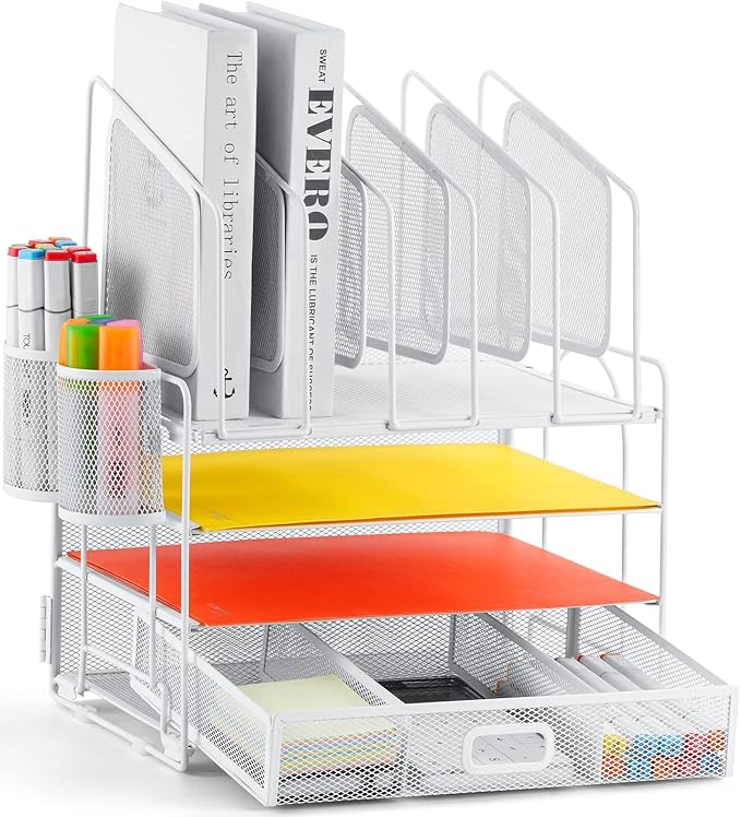 Marbrasse Desk Organizers, 4-Tier Mesh Desk File Organizer with 5 Vertical File Holders and 2 Pen Holders, Multifunction Desktop Organizer, Desk Organizers and Accessories for Home Office (White)