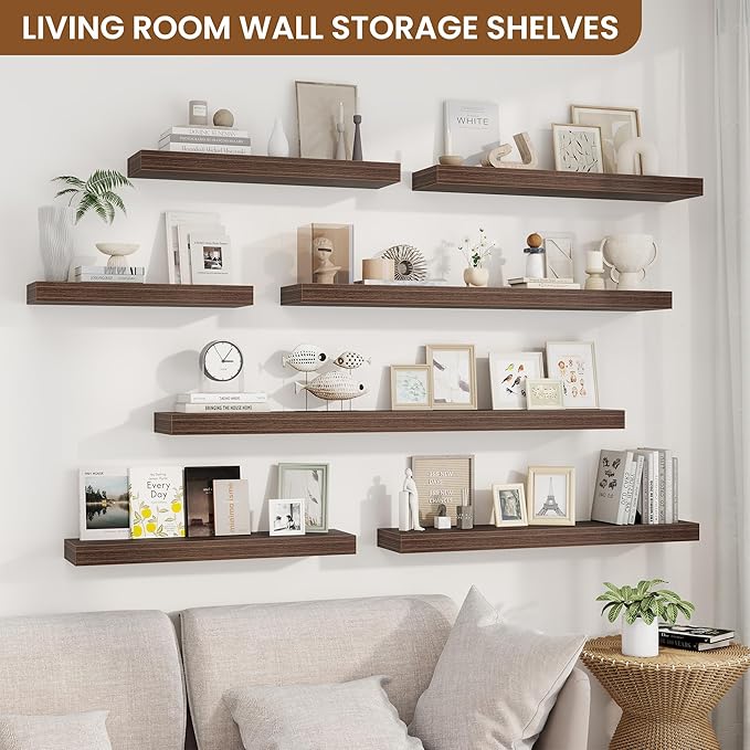 fuqing Floating Shelves for Wall, Wall Mounted Wood Floating Shelf with Invisible Brackets for Living Room, Bathroom, Bedroom, Kitchen Storage and Decor, 48 Inch Set of 2, Walnut